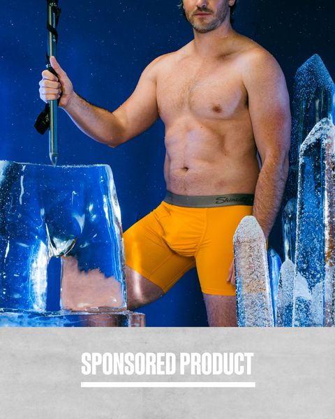sponsored product man wearing shinesty boxers  leaning on an ice shaped boxer