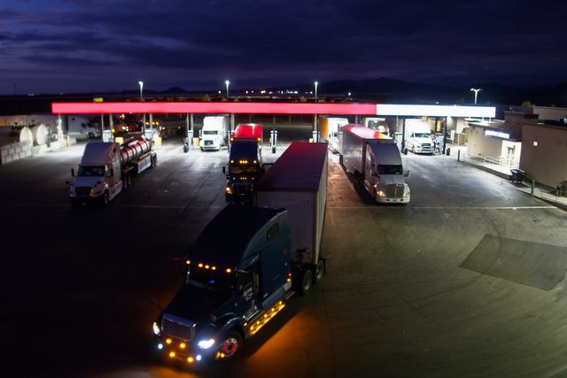 truck pulling out of gas station at night   drone shot