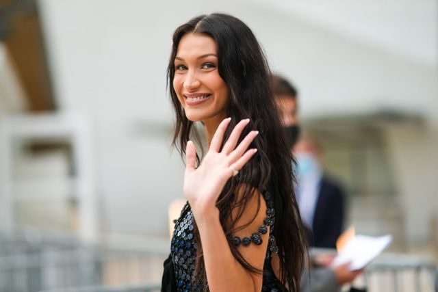 paris, france   july 05 bella hadid is seen, outside louis vuitton parfum hosts dinner at fondation louis vuitton, on july 05, 2021 in paris, france photo by edward berthelotgetty images