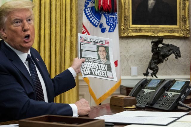 nytvirus  president donald trump with attorney general william barr, make remarks before signsing an executive order in the oval office that will punish facebook, google and twitter for the way they police content online, thursday, may 28, 2020  photo by doug millsthe new york times