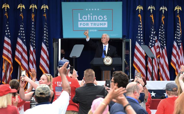 october 10, 2020   orlando, florida, united states   us vice president mike pence give a thumbs up after addressing supporters at a latinos for trump campaign rally at central christian university on october 10, 2020 in orlando, florida with 24 days until the 2020 presidential election, both donald trump and democrat joe biden are courting the latino vote as latinos are the largest racial or ethnic minority in the electorate, with 32 million eligible voters photo by paul hennessynurphoto via getty images