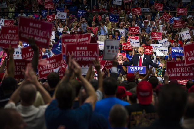 akron, oh   august 22 us republican presidential candidate donald trump addresses supporters at the james a rhodes arena on august 22, 2016 in akron, ohio  trump currently trails democratic presidential candidate hillary clinton in ohio, a state which is critical to his election bid photo by angelo merendinogetty images