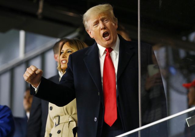 atlanta, georgia   october 30  former president of the united states donald trump waves prior to game four of the world series between the houston astros and the atlanta braves truist park on october 30, 2021 in atlanta, georgia photo by michael zarrilligetty images