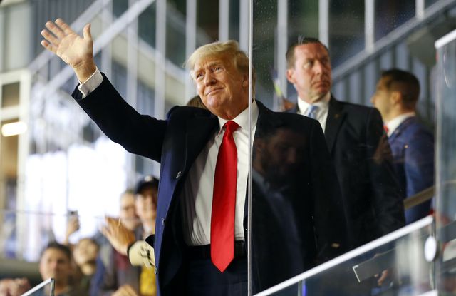 atlanta, georgia   october 30  former president of the united states donald trump waves prior to game four of the world series between the houston astros and the atlanta braves truist park on october 30, 2021 in atlanta, georgia photo by michael zarrilligetty images