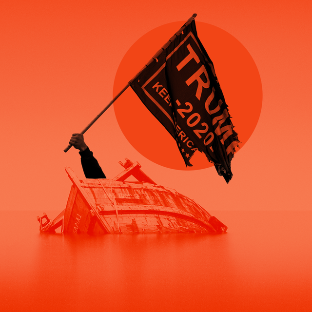 illustration of sinking ship with arm holding trump flag on red background
