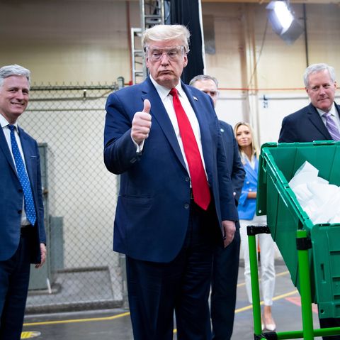 topshot   us president donald trump tours a honeywell international inc factory producing n95 masks during his first trip since widespread covid 19 related lockdowns went into effect may 5, 2020, in phoenix, arizona photo by brendan smialowski  afp photo by brendan smialowskiafp via getty images