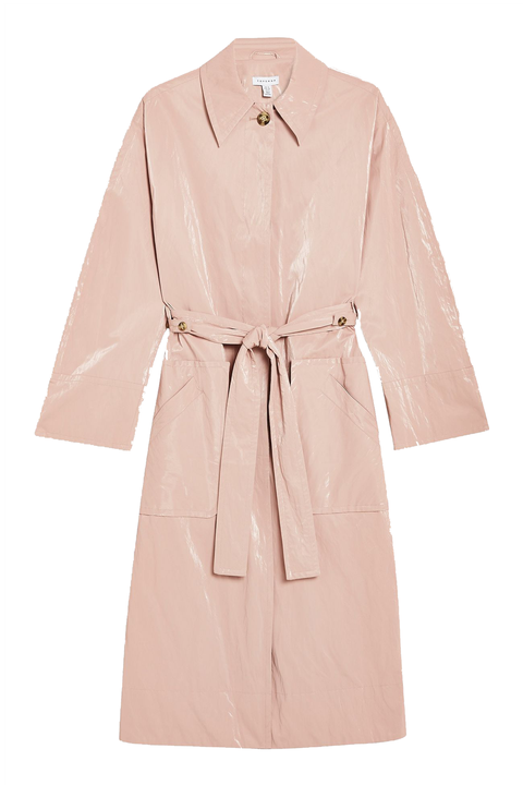Clothing, Robe, Trench coat, Outerwear, Pink, Coat, Sleeve, Dress, Collar, Nightwear, 