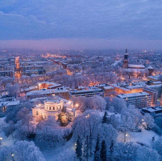 aerial view of the old observatory building and turku cathedral at beautiful frosty winter morning