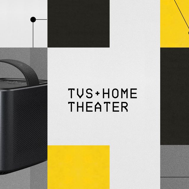 a speaker with color squares and a headline that says tvs and home theater