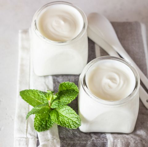 two portions of natural homemade organic yogurt in glass jars with mint on a grey slate background fresh and natural fermented milk product