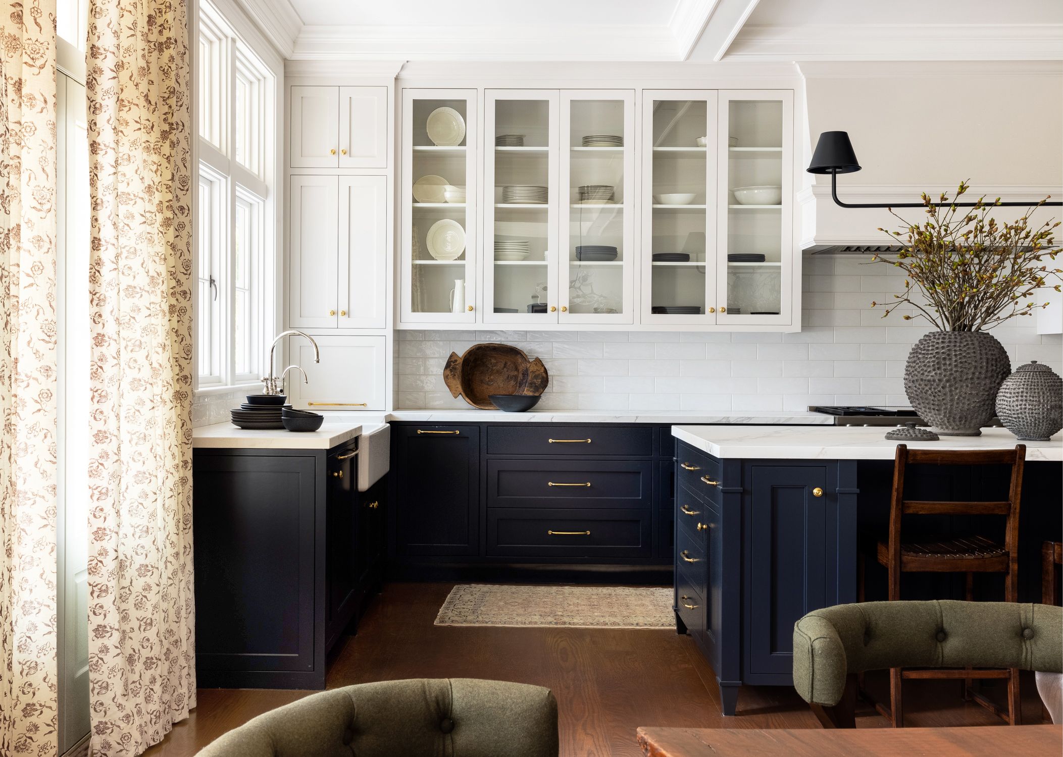 two tone color kitchen cabinet with yellow wall