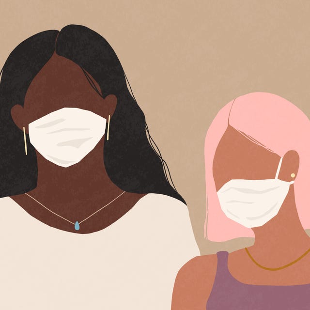 Two women wearing a medical face masks two women wearing a medical face masks