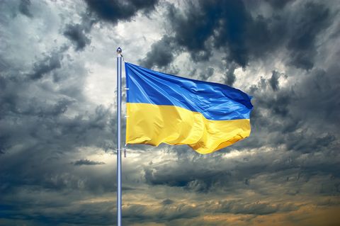 oekrainse vlag wappert aan stok