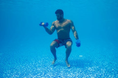 Training with dumbbells in swimming pool Best fitness trends