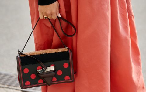Red, Bag, Handbag, Orange, Fashion accessory, Pink, Design, Material property, Kelly bag, Polka dot, 