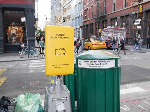 Yellow, Waste container, Urban area, Waste containment, Recycling bin, Street, Waste, City, Road, Litter, 