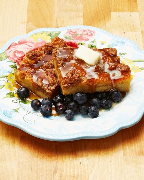 baked french toast on plate with blueberries