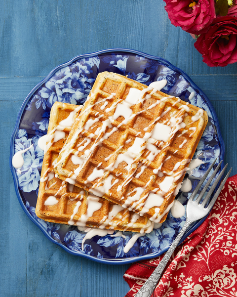 lemon poppy seed waffles on blue plate
