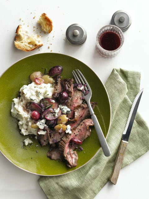 herb garlic crusted flank steak with pan roasted grapes