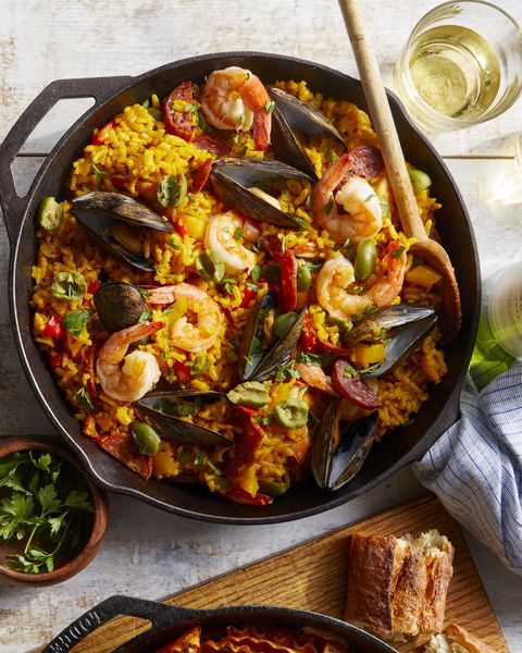 seafood and chorizo paella with bell peppers