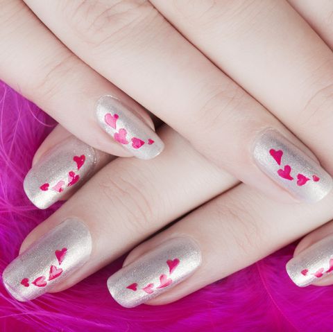 pink and silver nails with hearts