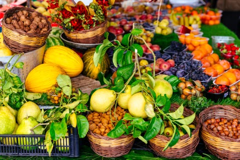 Variation of fresh fruits and vegetables on market stall at Campo di Fiori market in Rome, Italy