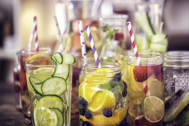 variation of infused water with fresh fruits royalty free image