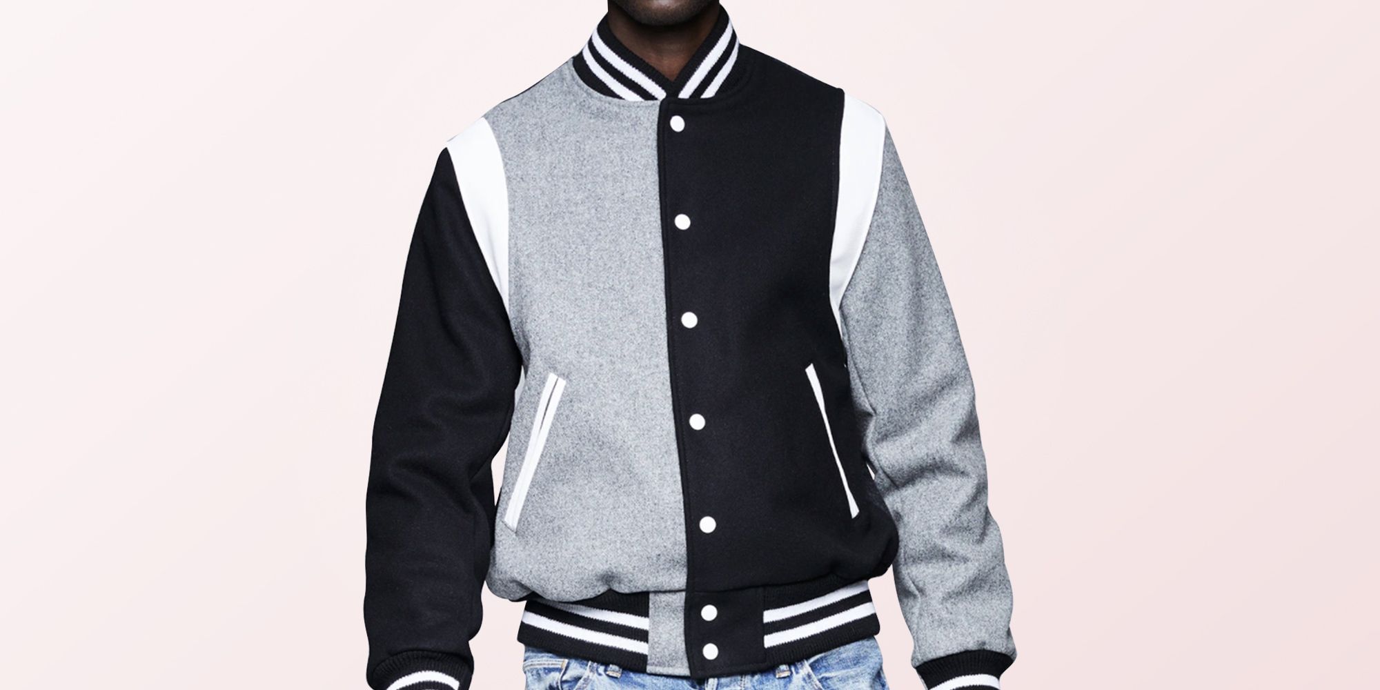 grey and white letterman jacket