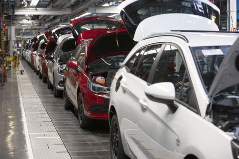 a line of cars on a car assembly line at the vauxhall car factory during preparedness tests and redesign ahead of re opening following the covid 19 outbreak located in ellesmere port, wirral, the factory opened in 1962 and currently employs around 1100 workers it ceased production on 17 march 2020 and will only resume work upon the advice of the uk government, which will involve stringent physical distancing measures being in place across the site photo by colin mcphersoncorbis via getty images