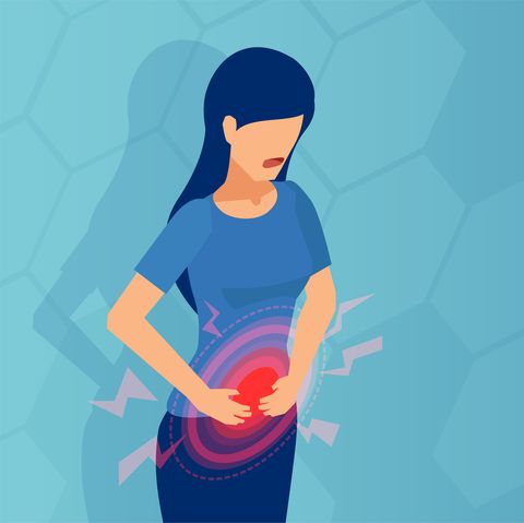 vector of a woman with stomach pain on blue background