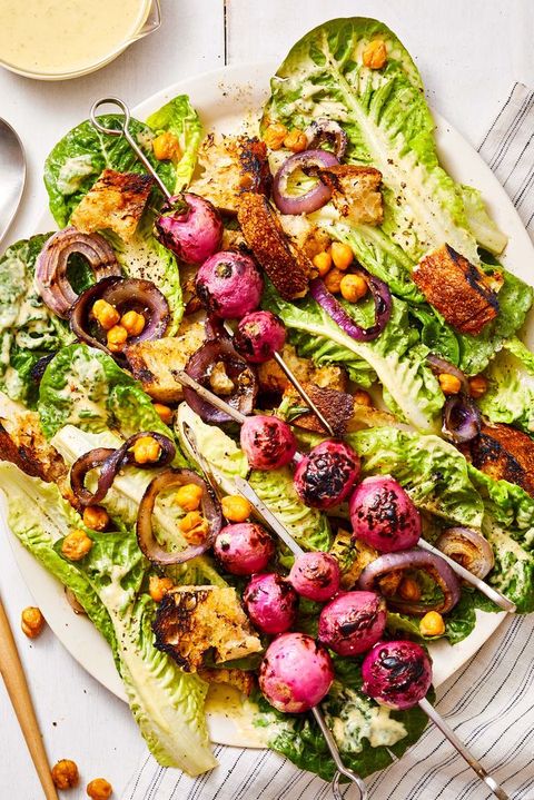 vegan caesar salad with roasted radishes on a plate