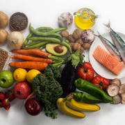 Vegetables, fruit, olive oil and fish vegetables, fruit, olive oil and fish