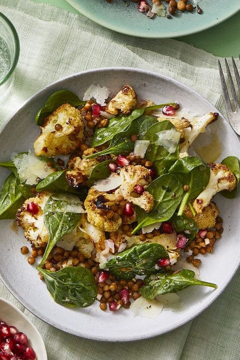 vegan thanksgiving recipes  warm roasted cauliflower and spinach salad