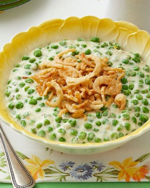 creamed peas in bowl with french onions
