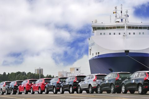 vehicles from the volvo cars assembly plant waiting to loaded on the roll on