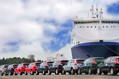 Vehicles from the Volvo Cars assembly plant waiting to loaded on the roll-on vehicles from the volvo cars assembly plant waiting to loaded on the roll on