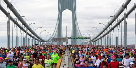 Runners on Verrazano-Narrows Bridge NYC Marathon 2013