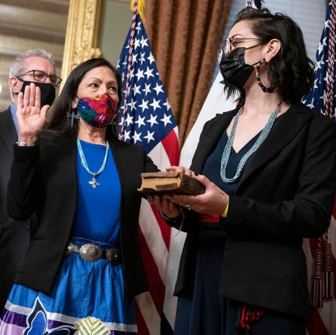 Deb Haaland deb haaland being sworn in as the new interior secretary on march 18, 2021 in washington, dc