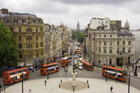 view down whitehall of buses and big ben