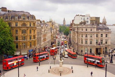 View down Whitehall of buses and Big Ben view down whitehall of buses and big ben