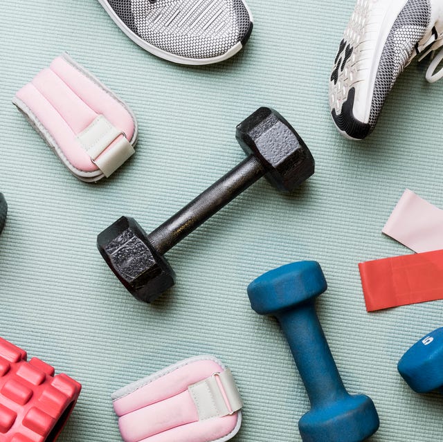 view from above dumbbells and exercise equipment knolling