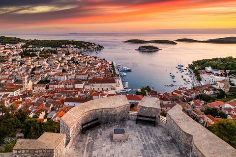 view of hvar at sunset from the fortress hvar island, croatia