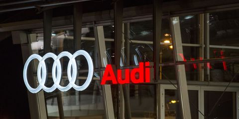 a view of the audi brand logo on the audi showroom in lubin
