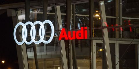 a view of the audi brand logo on the audi showroom in lubin
