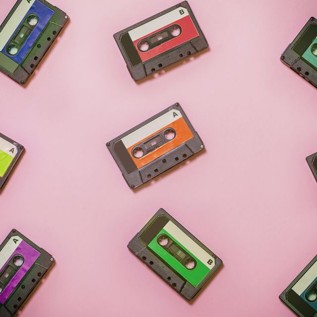 Vintage background, with colorful cassette tapes.