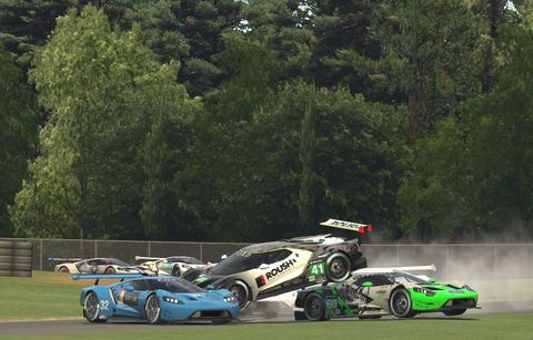 a collision in turn two of the roush performance iracing event at vir