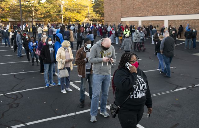 columbus, oh   october 06 early voters line up outside of the franklin county board of elections office on october 6, 2020 in columbus, ohio ohio allows early voting 28 days before the election which occurs on november 3rd of this year photo by ty wrightgetty images