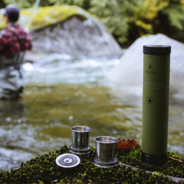 VSSL Flask Compact Adventure Kit a flask with two concealed shot glasses and a fisherman
