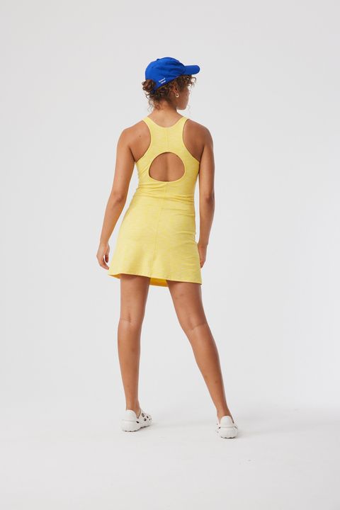 model wearing outdoor voices flow circle back exercise dress