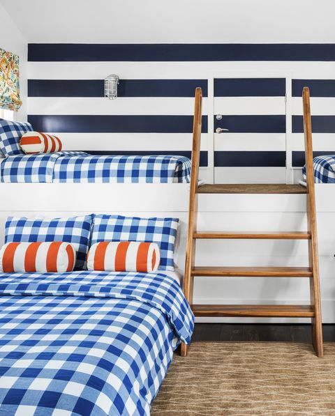 sleepover room
“kids always like a loft,” says
yip, “and one of my favorite
color combinations is blue and
orange” paints alabaster
white and commodore
navy, both sherwin williams
shade fabric vern yip for
trend bedding cf home
sconces circa lighting
chair mitchell gold  bob
williams rug milliken